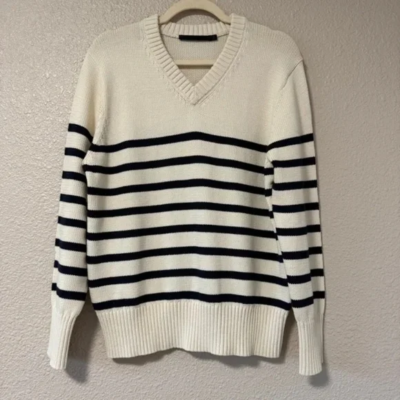 NWOT Jenni Kayne Cotton Kate V-Neck Sweater Ivory Navy Stripe XS-S Oversized - Picture 3 of 11
